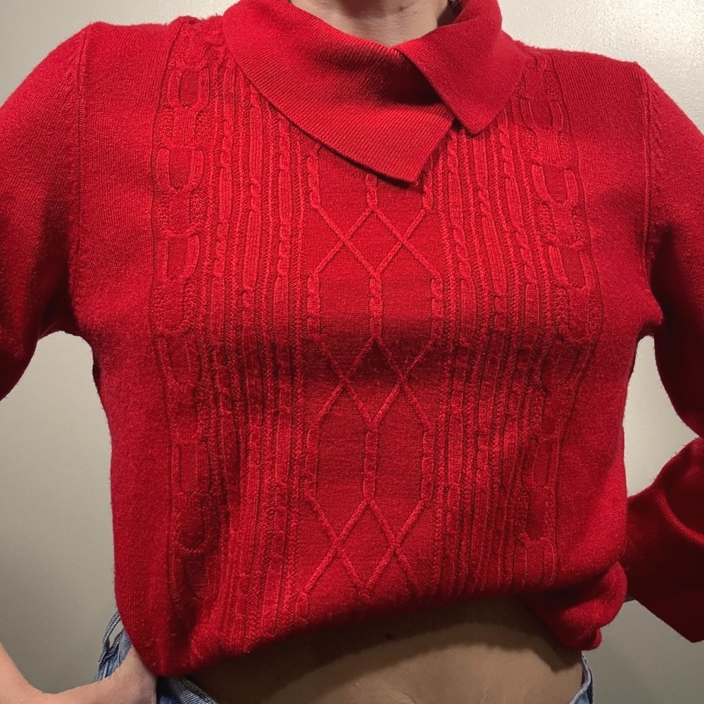 Red‎ Collared Knit Sweater Top  3/4 Sleeves Preppy Retro Vintage Academia sz S